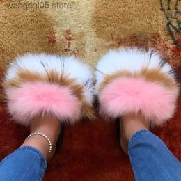 Slippers Vrouwen Echt Vossenbont Slippers Meisje Pluche Pluizige Slides Dames Harige Huis Schoenen Vrouwelijke Leuke Indoor Flip Flops Grote Maat 35-45 T230712