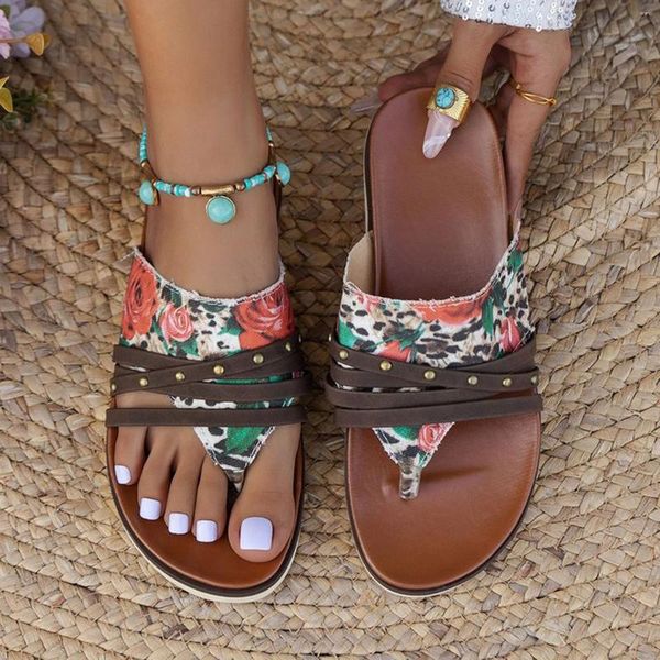 Zapatillas Zapatos De Mujer Chanclas De Flores Planas De Gran Tamaño Ropa Exterior Sandalias De Playa Impresas Estilo Bohemio Transpirable Mujeres