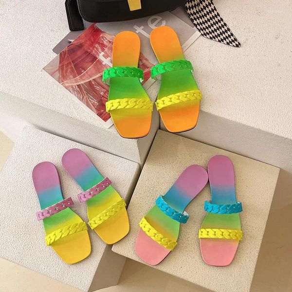 Zapatillas Zapatos de Mujer Sandalias de Ocio Arco Iris Cadena de Color Caramelo Playa Antideslizante Chanclas de Fondo Plano