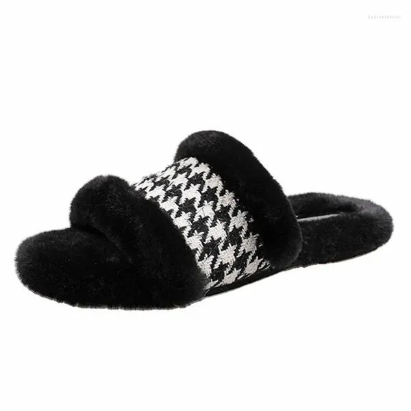 Zapatillas Zapatillas para mujer 2023 Otoño e invierno Plana de fondo grueso Furry Houndstooth Indoor Plush Open Toe Flip Flops