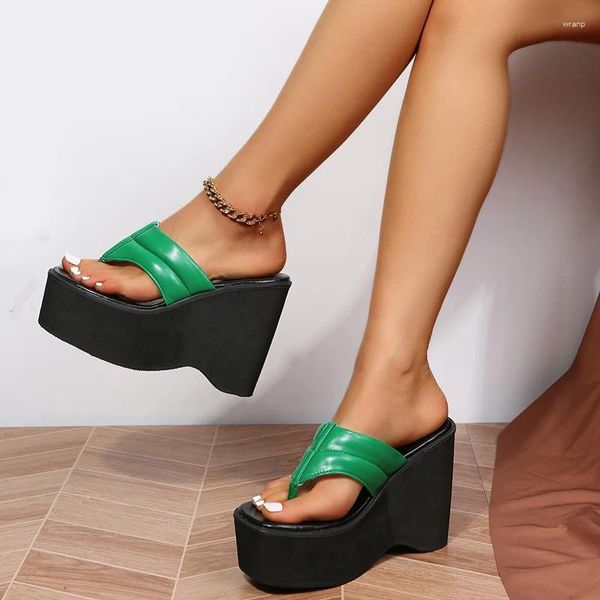 Zapatillas de mujer con plataforma y punta cuadrada, zapatos de mujer a la moda de verano, sandalias verdes con parte inferior gruesa, chanclas para mujer de talla grande