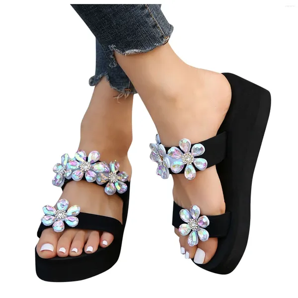Zapatillas Mujer Verano Moda Clip Toe Tacón Inclinado Decoración De Flores Zapatos De Playa Cómodos Informales para Mujer