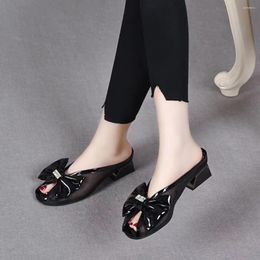 Slippers Femme Summer Mesh Baotou Square Hell Casual Splipper Soft Sof Sole non glissement Bow Peep Toe Outdoor