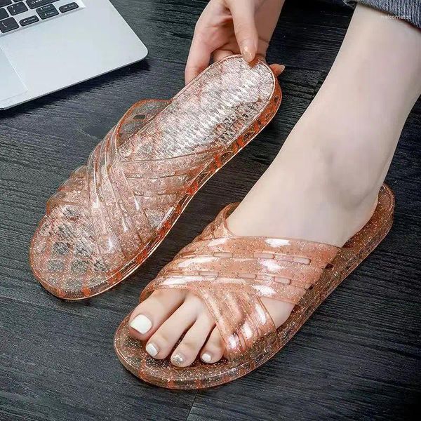 Zapatillas Summer de mujeres para mujeres One Word Suele Crystal transparente Soft Outdoor Baño