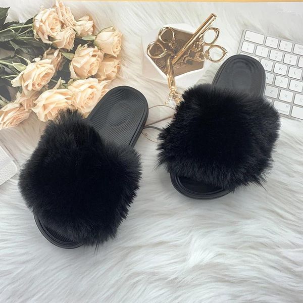 Slippers Femmes Fémir Béneus de daim Fluffy Furry Femmes Plux Plat Fabric Basic PvC Hoof Talons Rome