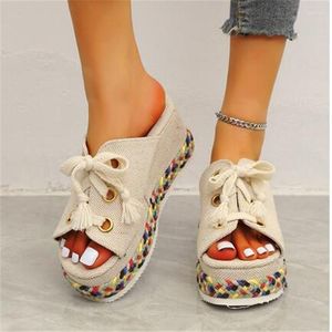 Slippers Vrouwen Sandalen Schoenen Mode Lace-up Wedge Vrouw Retro Dames Slip Op Tdoor Schoeisel Slipper