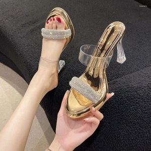 Pantoufles femmes Sexy clair talon haut strass sandales 2024 été plage mode dames diapositives tongs femme robe chaussures