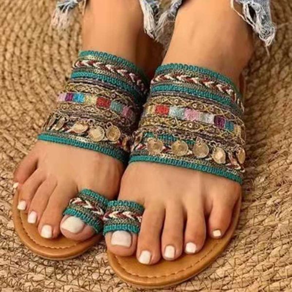 Pantoufles Femmes Chaussure Été Style Grec Boho Folk-Custom Artisanal Dames Pantoufles Plates Casual Respirant Confortable Plage Femmes Sandales L230717