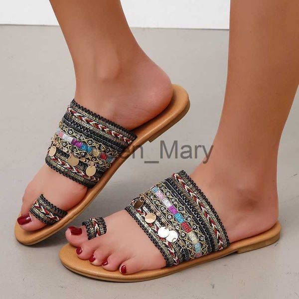 Pantoufles Femmes Chaussure D'été Style Grec Boho FolkCustom Artisanal Dames Pantoufles Plates Casual Respirant Confortable Plage Femmes Sandales J230621