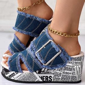 Slippers vrouwen schoenen Casual Fashion Vacation Daily Wear Summer krant Buckled denim Wedge Slippers Sandals L2404