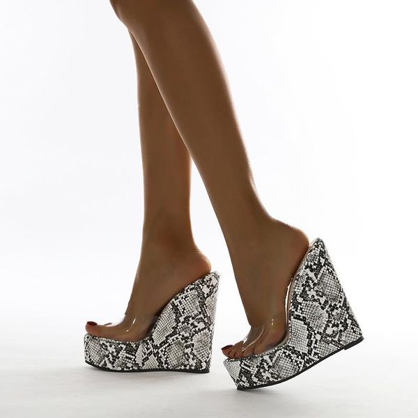 Zapatillas Zapatos de mujer Sandalias cómodas con cuña de cuero de serpiente Clear Rome Slide Open Toe Mulas para fiesta Discoteca Zapato de vestir