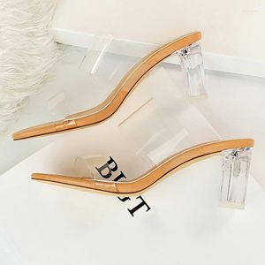 Slippers vrouwen glijden 6,5 cm 8,5 cm hoge hakken kristalheldere muilezels fetisj zomer sandalen prom sandles transparante schoenen