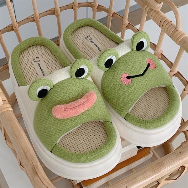 Zapatillas Mujer Suela Suave Lino Hogar Zapatos Lindos Animales Rana Niñas Kawaii Fluffy Invierno Cálido Casa Divertida