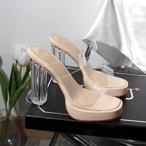 Pantoufles femmes été mode plate-forme talons hauts sandales tempérament Transparent Simple dame fête talon épais décontracté