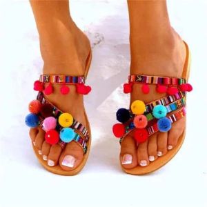 Slippers Women Summer Flats Sandals 2022 Nuevas chanclas bohemias Multicolor Pom Pom Slipers Fashion Slides Casual Ladies Zapatos