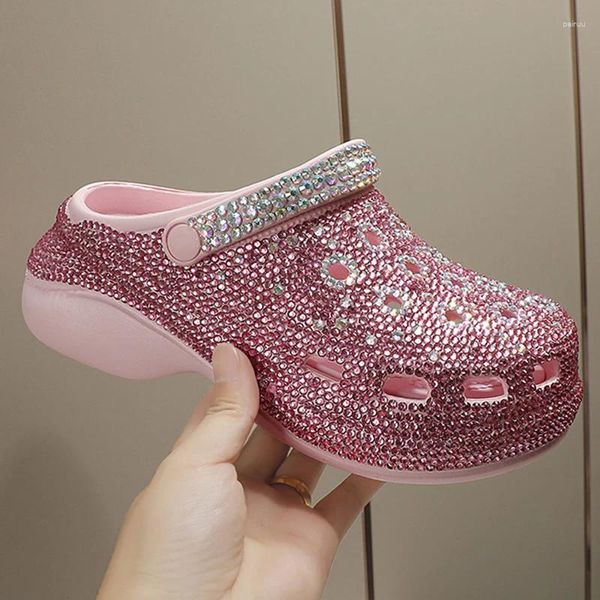 Zapatillas Mujer Verano Lujo Rhinestone Decoración Sandalias Cómodo Fondo Grueso Playa Diapositivas Suave Brillo Zapato Casual Mujer