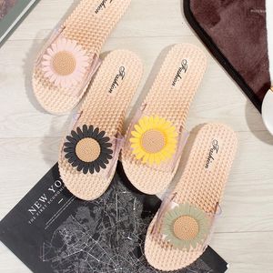 Zapatillas Mujer Verano Girasol Hierba-como Ratán Transparente Palabra Sandalias Zapatos Planos Baño Playa Antideslizante