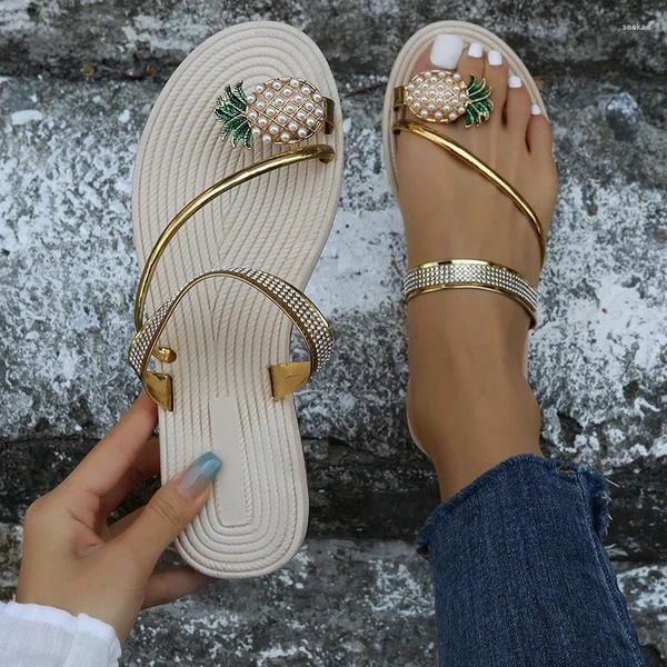Zapatillas de mujer con Clip de piña, chanclas para niñas, sandalias con banda elástica brillante con diamantes de imitación, zapatos de playa informales con correa plana