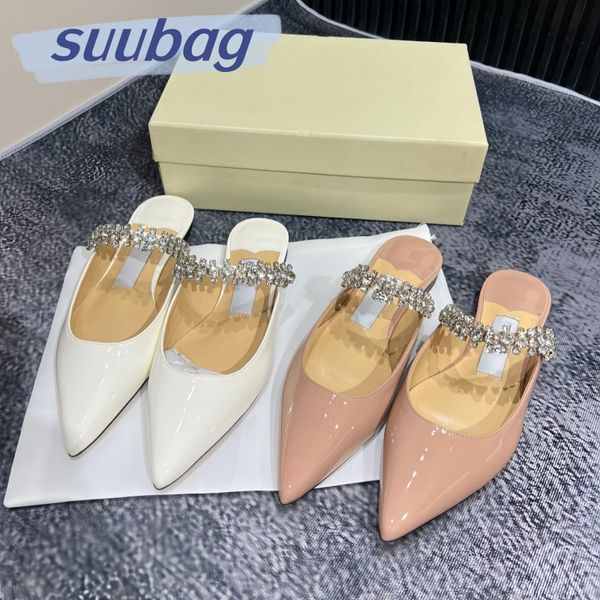 Slippers Women Envío gratis con Shoebox Summer Nueva línea puntiaguda de patente con sandalias de tacón alto de diamantes de diablo sandalias de Baotou de gran tamaño