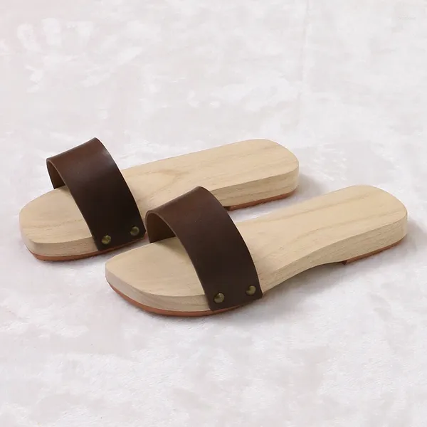 Zapatillas Sandalias de madera Geta de cuero para mujer y hombre Tacón plano Japón Color sólido Chanclas/zapatillas de verano Zapato de cosplay de talla grande