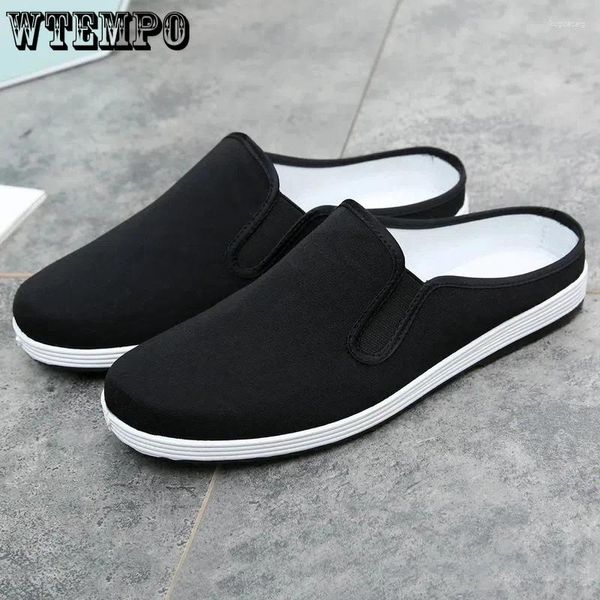 Pantoufles WTEMPO Été Vieux Pékin Tissu Chaussures Hommes Léger Talon Plat Doux Slip-ons Mode Décontracté Antidérapant Moitié