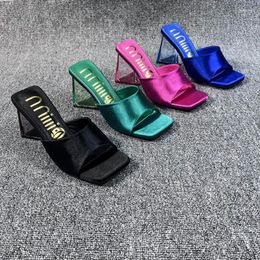 Slippers Xibeilove 2024 Silk Green Women's Strange Style Transparent High Heels Square Toe Female Sandales