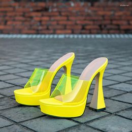 Chinelos amarelo transparente pvc sandálias moda salto alto feminino mules slides ao ar livre verão plataforma strippers sapatos 35-41