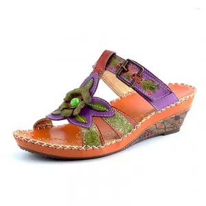 Slippers Vos-saison des femmes fleur de chaussures rétro en cuir authentique 2024 Été peint à la main les glissades de cales de femmes faites à la main à la main
