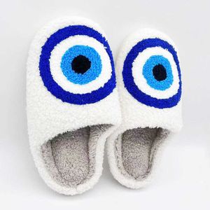 Slippers yvvcvv cartoon blauw oog pluizige bont slippers vrouwen warm gesloten teen schattige pluche katoenen slippers 2023 huis zachte winter binnen schoenen z0215