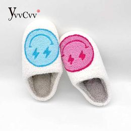 YvvCvv Sourire Visage Fluffy Fourrure Pantoufles Femmes Chaud En Peluche Mémoire Mousse Diapositive Pantoufles Maison 2023 Hiver Doux Chaussures D'intérieur Maison Z0215 Z0215