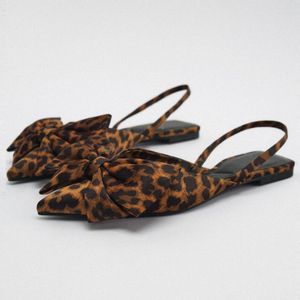 Zapatillas ZAR, sandalias puntiagudas de fondo plano para mujer, primavera/verano 2023, patrón de leopardo, lazo, cuello en V, zapato único, zapatos de baile de Ballet informales