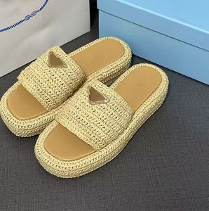 Slippersstraw espadrilles vrouwen dikke sandalen glijden op muilezelsglaasjes dame platform wiggen vierkant teen slippers poolglaasjes 36-41 810168