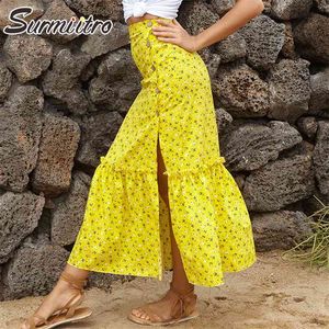 Jupe longue fendue Femmes Printemps Été Mode Jaune Rouge Noir Marguerites Imprimer Taille Haute Sun Maxi Femme 210421