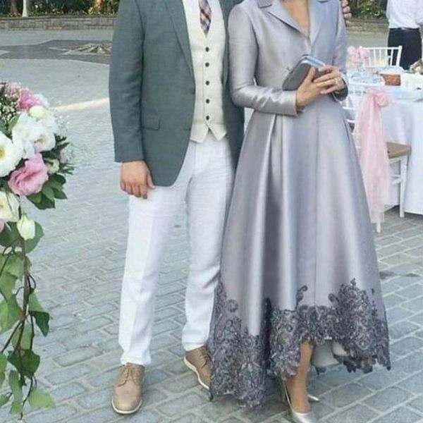 Vestidos de madre de la novia de línea A, vestido Formal de satén asimétrico para ocasiones especiales, apliques de encaje, vestido de graduación con dobladillo