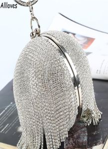 Sliver Diamanten Strass Ronde Bal Avond Handtassen Voor Vrouwen Sparkly Kristallen Mode Mini Kwasten Clutch Bag Dames Ring Hand2226612