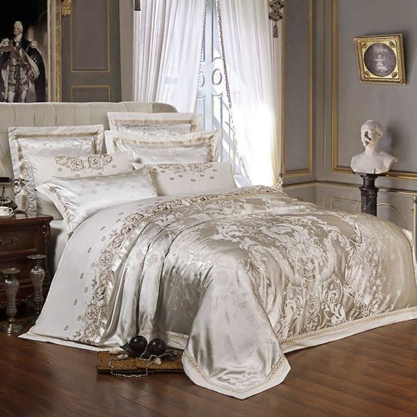 Sliver Gold Luxury Silk Satin Jacquard Housse de couette Ensemble de literie Queen King Size Ensemble de lit brodé Drap de lit Ensemble de draps T2001233q