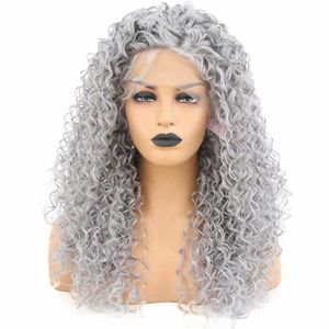 Peluca con malla frontal gris plateado, pelucas sintéticas rizadas, peluca barata, cabello Natural prearrancado sin pegamento para mujeres negras, peluca de Cosplay 230524