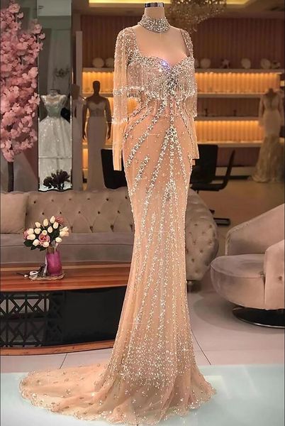 Argent nu sirène élégante arabe robes de soirée robes avec manches longues Kendall Jenner luxe gland perlé robe de bal