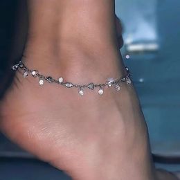 Sljely Fashion Real 925 Sterling zilveren glanzende waterdrop kristallen enkelschakel vrouwen hoogwaardige enkelketen been armband voet sieraden 240408