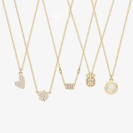 SLJELY S925 Sterling Zilver Goud Kleur Lucky Cirkels Hart Ananas Hanger Ketting Sleutelbeen Ketting Dames Meisjes Mode-sieraden Q0531