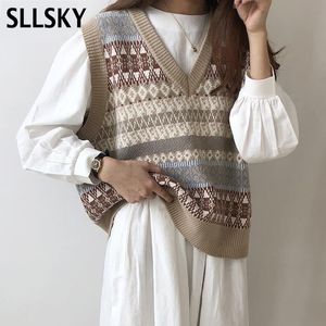 Sllsky INS V cou pull tricoté gilet automne hiver style coréen gilet sans manches pull court lâche pulls femme gilet 201028