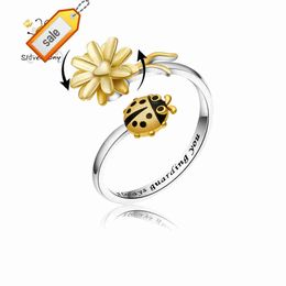 Slovehoony Geel Zonnebloem Ring Met Lieveheersbeestje 925 Sterling Zilver Verstelbare Ring Lieveheersbeestje 360 Graden Rotatie Voor Vrouwen Sieraden