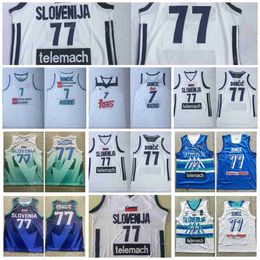 Eslovenia Baloncesto 7 Luka Doncic Jerseys 77 Euroliga Europa Equipo nacional Universidad Bordado y costura Equipo universitario Azul Blanco Color Transpirable Deporte