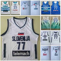 Maillots de Slovénie 7 Luka Doncic 77 Basketball College Euroleague Europe Équipe nationale de broderie et de couture Équipe universitaire Bleu Blanc Chemise de sport respirante