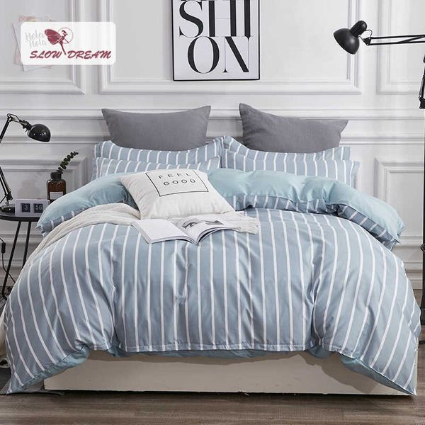 SlowDream Bleu Couvre-lit Ensemble de literie nordique Lit Drap plat Double Housse de couette Linge de lit Euro Taies d'oreiller 3 / 4pcs Double Set 210706