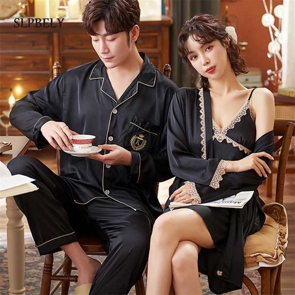 SLPBELY Glace Soie Couple Chemise De Nuit Pyjamas D'été Sexy Dentelle Mariée Robes De Demoiselle D'honneur Pyjamas Amoureux Homewear Loungewear Vêtements De Nuit 211215