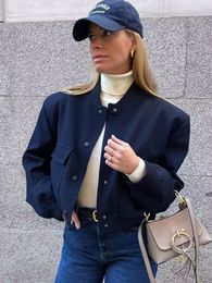 SLTNX TRAF femme Bomber vestes pour femmes Chic manteaux femme décontracté simple boutonnage avec poches veste d'extérieur hauts 240112