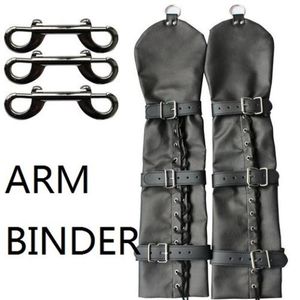 SM Bondage de longitud completa PU cuero fetiche mitones brazalete doble brazo sin dedos carpeta Opera guantes brazo restricción sexo fetiche Y0406