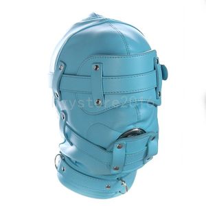 Bondage SM Heavy Duty Blue Lederen Volledige Hoofd Hood Gear Mask Mond Plug Blindfold # R87