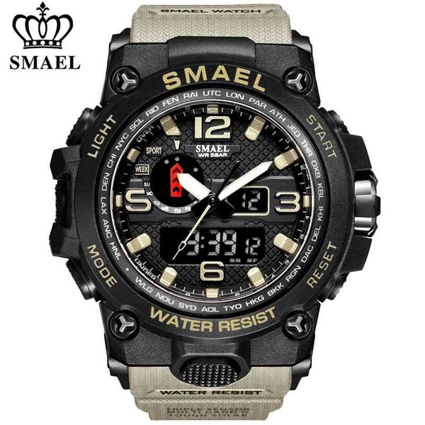 Reloj de moda de marca SMAEL para hombre, relojes militares deportivos impermeables 1545, reloj de pulsera de lujo para hombre, reloj analógico de cuarzo con doble pantalla 210804
